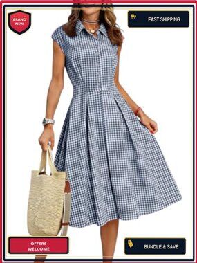 Cotton and Rayon Womens Retro Plaid Midi Shirt Dress Sleeveless Boho Swing Dress